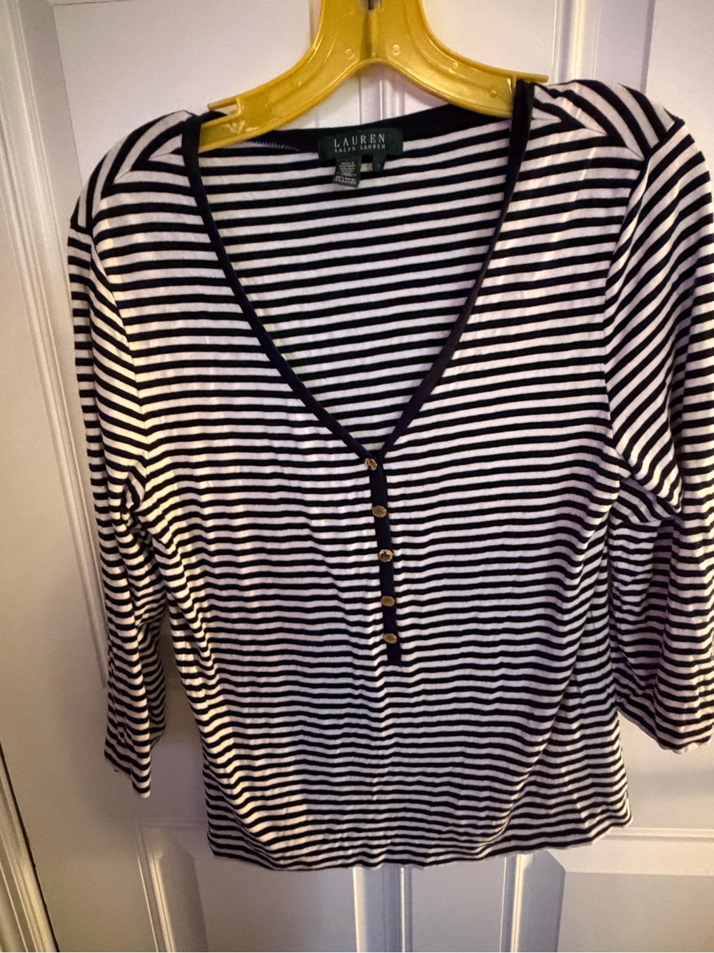 Ralph Lauren Black and White Striped Henley Long Sleeve Top